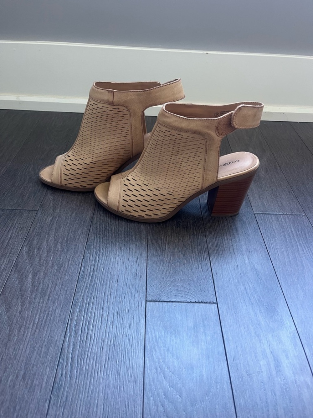 Tan Perforated Peep-Toe Block Heel Sandals